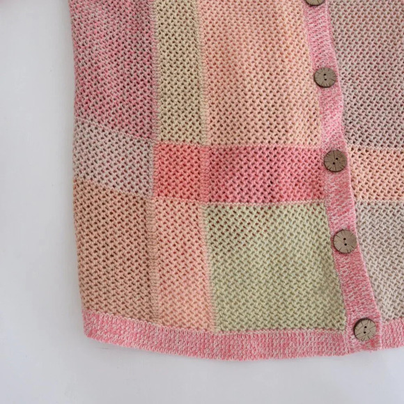 Vintage Christopher & Banks Pink Tan Fishnet Knit Button Up Cardigan Sweater 1X - Picture 8 of 10